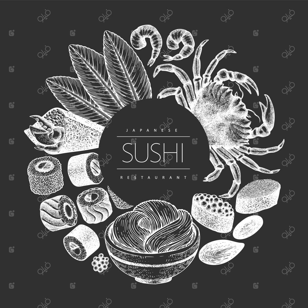 طراحی آشپزی ژاپنی: تصویرسازی دست‌کشیده سوشی بر روی تخته گچ. پس‌زمینه غذایی آسیایی به سبک قدیمی.