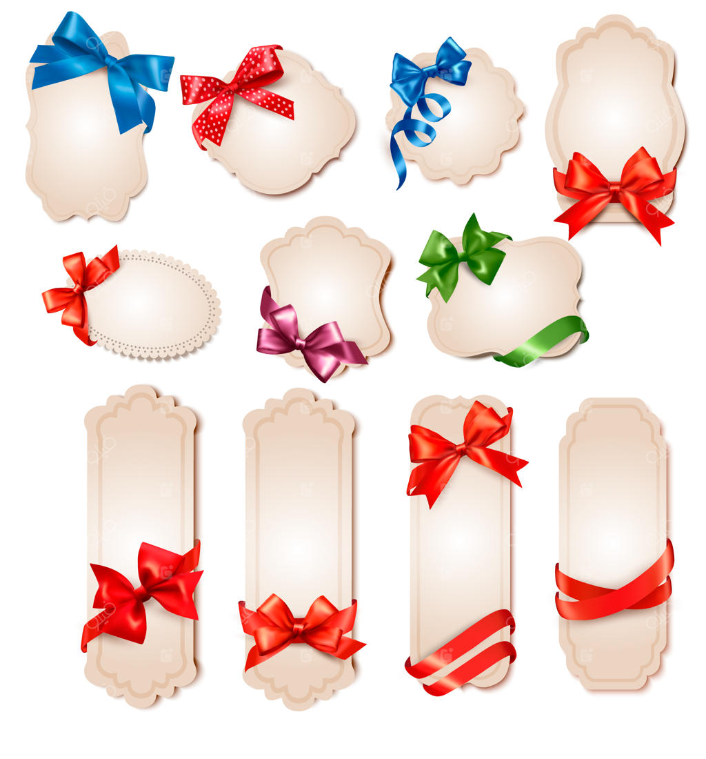 مجموعه کارت‌های زیبای رترو با روبان‌ها و پاپیون‌های قرمز هدیه