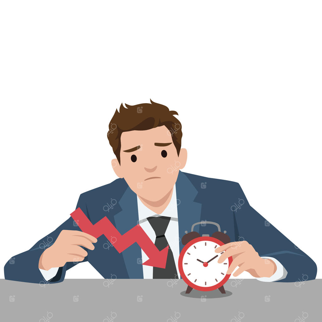 تاجر نگران در کت و شلوار به ساعت نگاه می‌کند و پیکان رو به پایین را نگه داشته است.