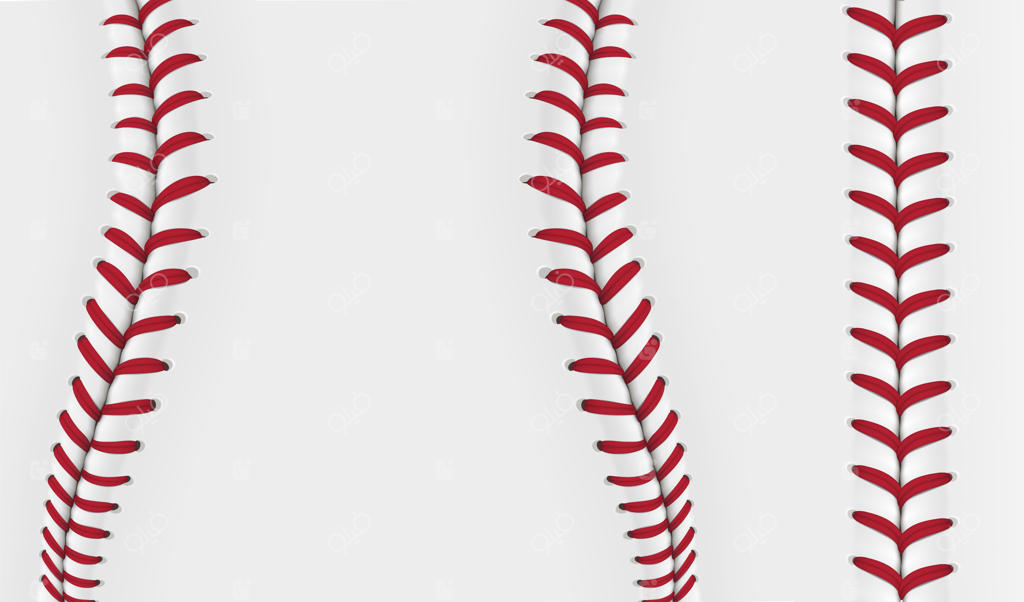 پترن دوخت توپ بیسبال: طرح سه‌بعدی دوخت و نخ‌های قرمز بر روی پس‌زمینه چرمی سفید، بافتی واقعی از توپ حرفه‌ای ورزش بیسبال