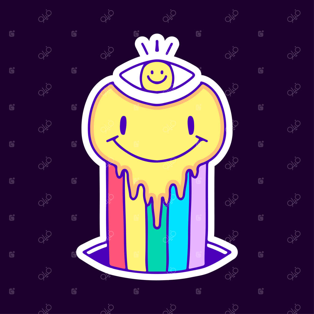 طرح کارتون صورت با چهره خندان عجیب و رنگین‌کمانی با یک چشم، مناسب برای تیشرت و استیکر.