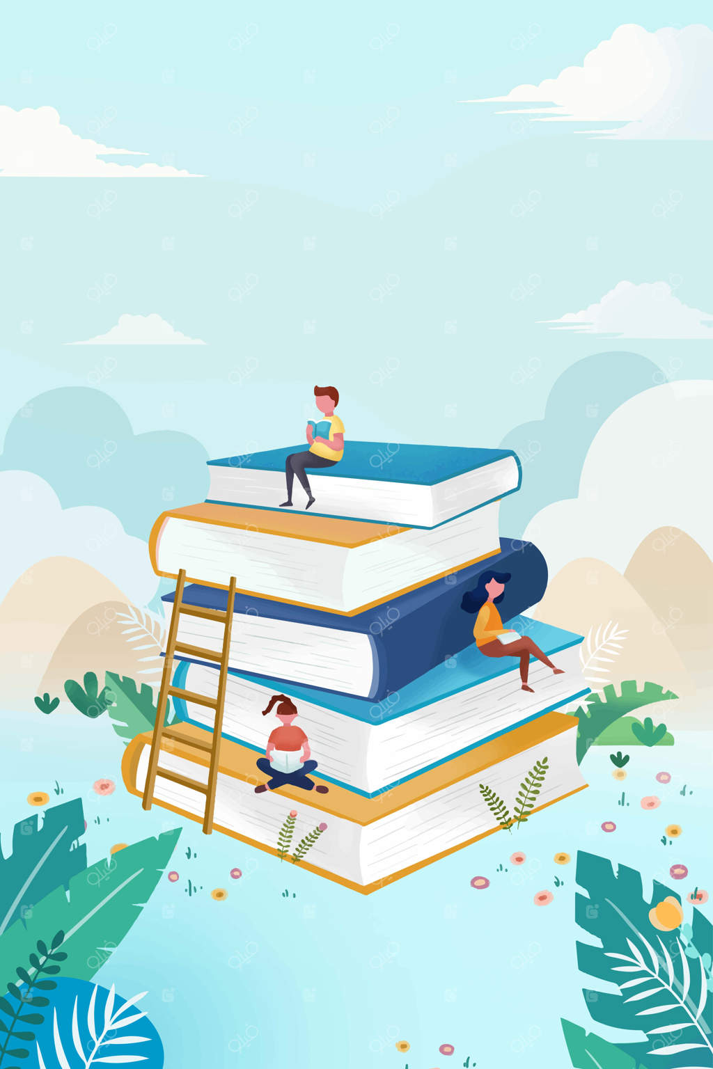 خوانندگان روی یک کتابخانه بزرگ برای خواندن کتاب‌هایشان می‌نشینند.