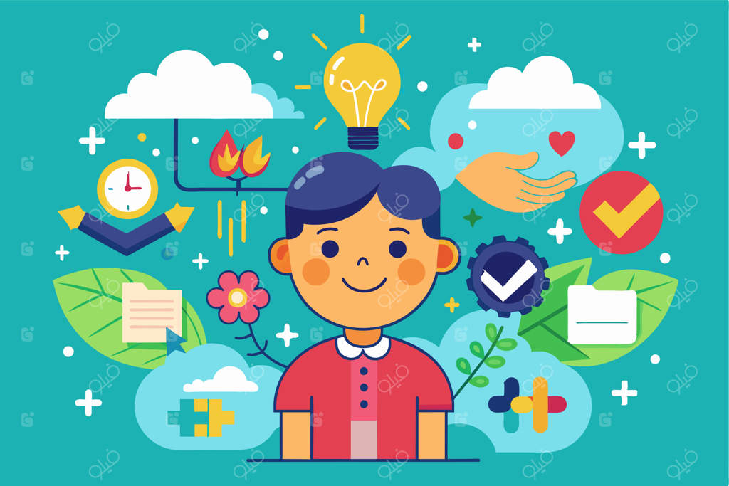 کودکی خندان در میان آیکون‌های رنگارنگ که نماد خلاقیت، مثبت‌اندیشی و نوآوری هستند ایستاده است. تفکر مثبت - تصویرسازی قابل تنظیم و غیرمتعارف