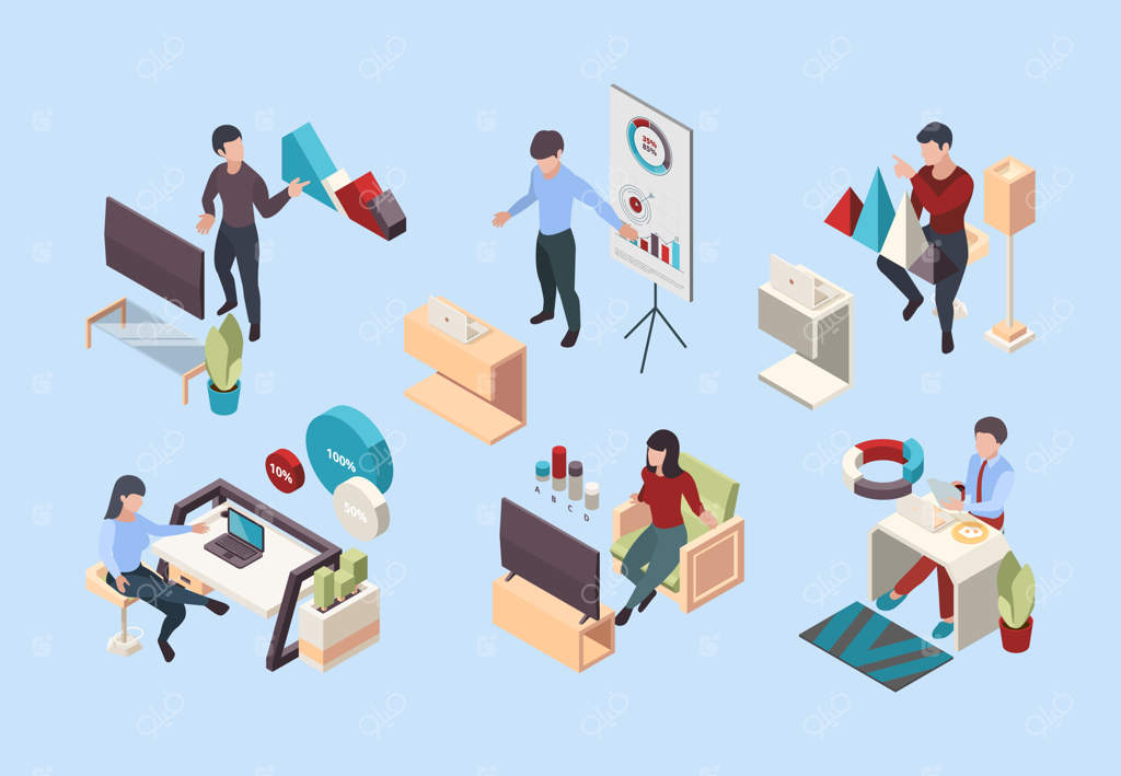 کنفرانس آنلاین ایزومتریک: کارکنان از راه دور در خانه با ابزارهای دیجیتال در حال گفتگو و خود ایزوله‌سازی با تصاویر دیجیتال جذاب و پر زرق و برق