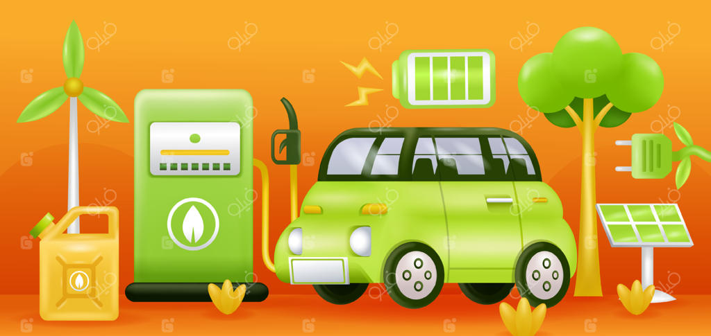 انرژی سبز: تصویر سه‌بعدی از خودرو برقی، پمپ بنزین، پنل خورشیدی، توربین بادی و باتری