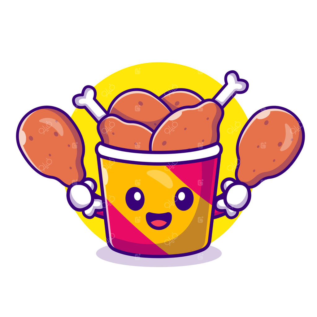 تصویر کارتونی بامزه سطل مرغ سوخاری. مفهوم آیکون فست فود، وکتور پریمیوم ایزوله شده به سبک کارتونی فلت.