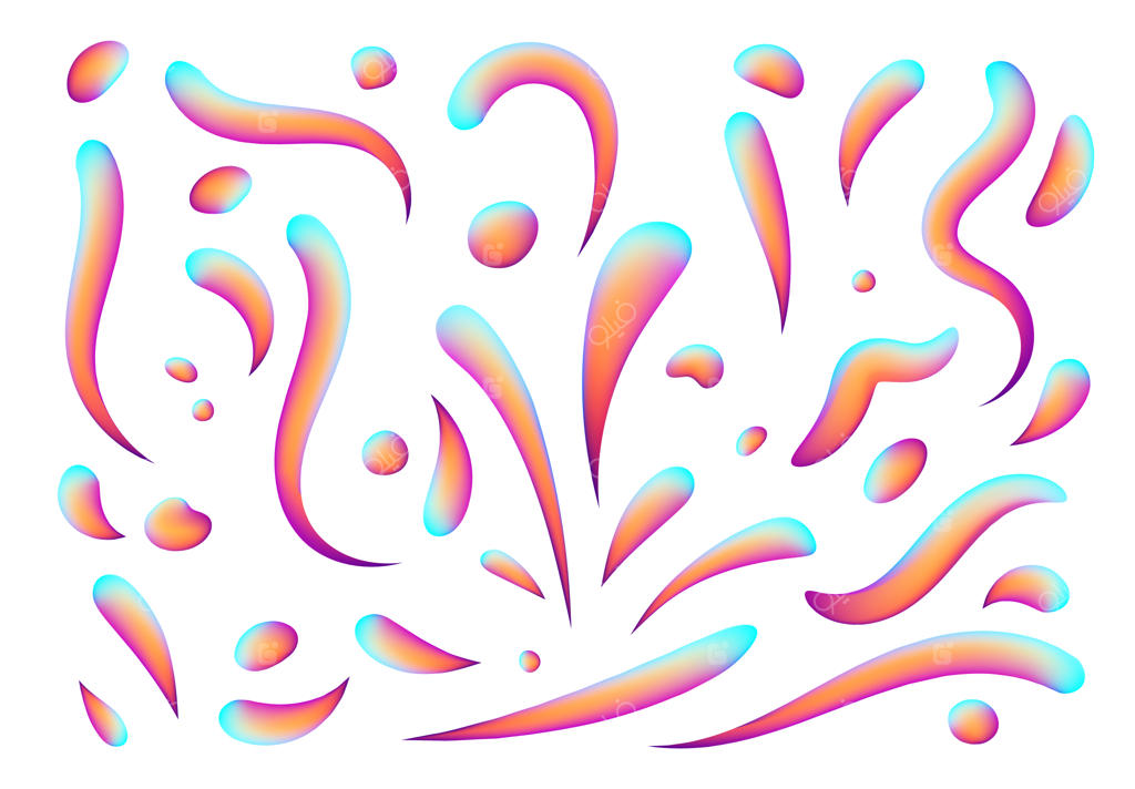 مجموعه عناصر جداگانه هولوگرافیک و هفت‌رنگ با پالت رنگ‌های درخشان؛ الگوی انتزاعی مدرن، طرح رنگ‌های سیال و رنگارنگ. پس‌زمینه هنری ترند با اشکال گرادینت فوتوریستیک.