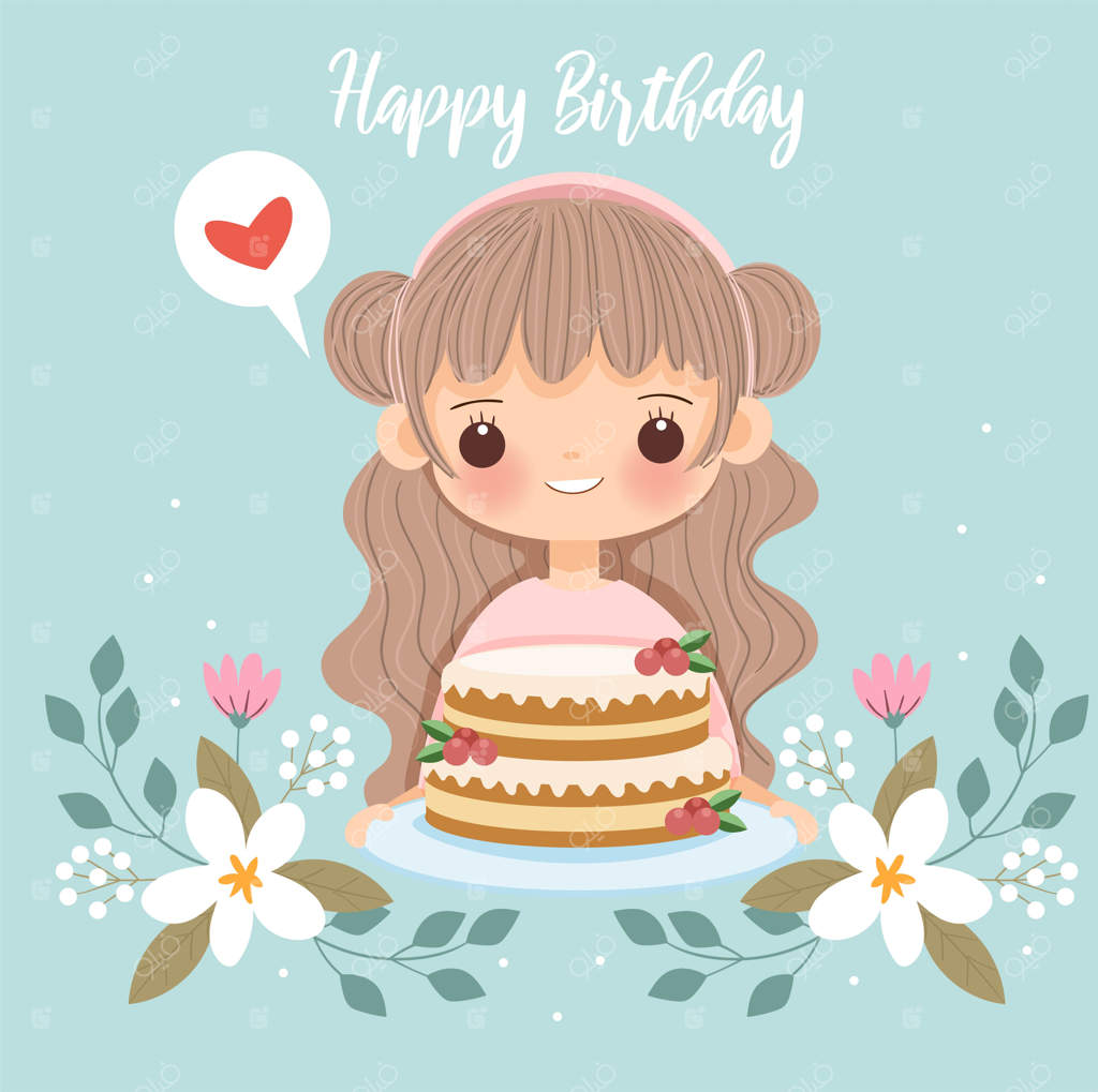 دختر بامزه با کیک و گل برای کارت تولدت مبارک