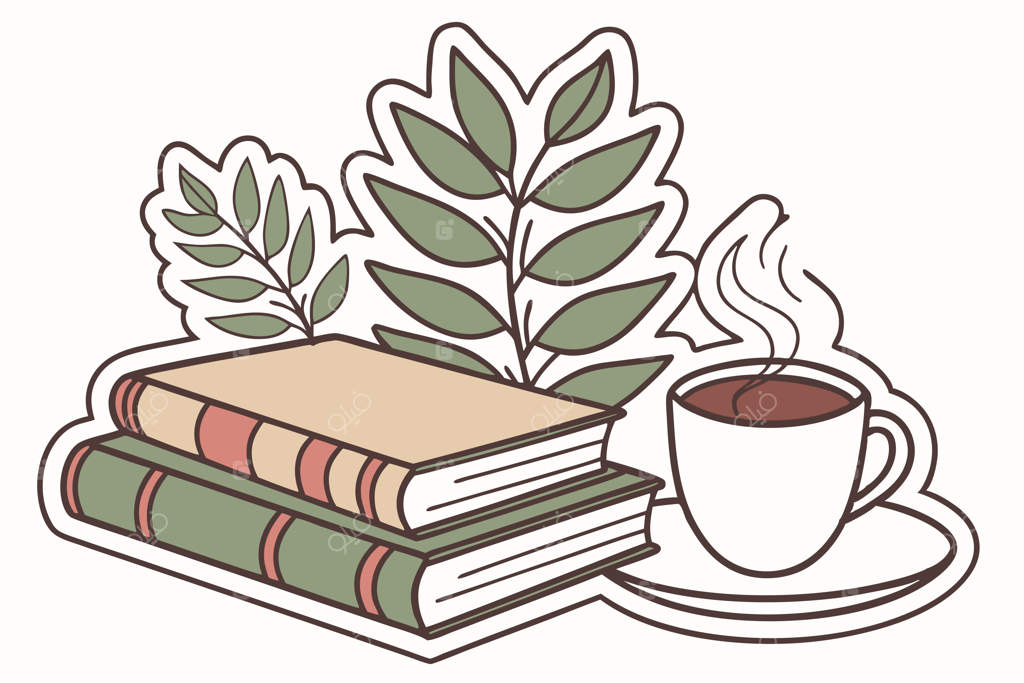 برچسب کتاب، گیاهان و قهوه بر روی زمینه سفید