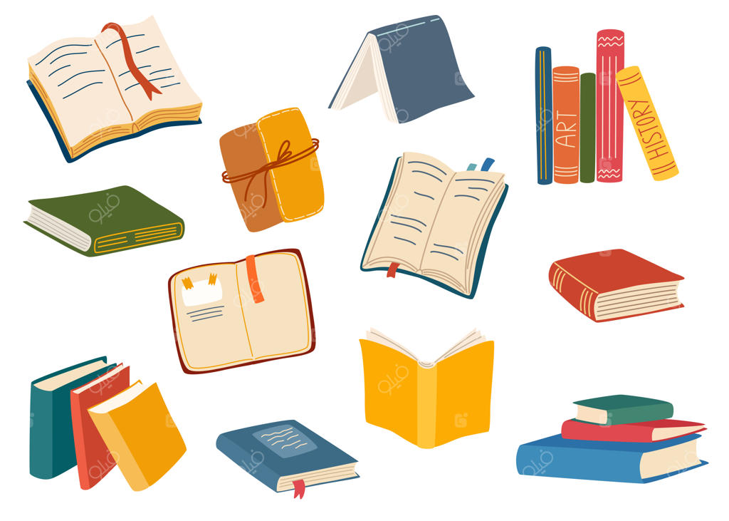 توده‌ای از کتاب‌ها برای مطالعه. مجموعه‌ای متنوع از کتاب‌ها. مجموعه‌ای از ادبیات، فرهنگ‌نامه‌ها، دانش‌نامه‌ها و دفترچه‌های برنامه‌ریزی با نشانک‌ها. کپه‌ای از کتاب‌های درسی برای آموزش. کتاب‌های باز و بسته. وکتور
