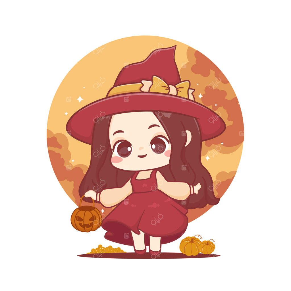 نقاشی بامزه دختربچه جادوگر با کلاه جادوگری و سبد کدو به سبک کاوایی