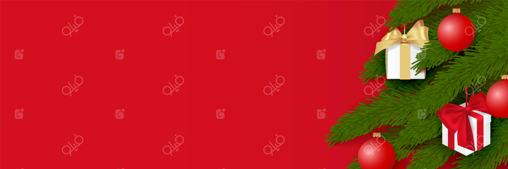 درخت کریسمس با توپک‌ها و جعبه‌های هدیه، شیء برداری روی زمینه قرمز.