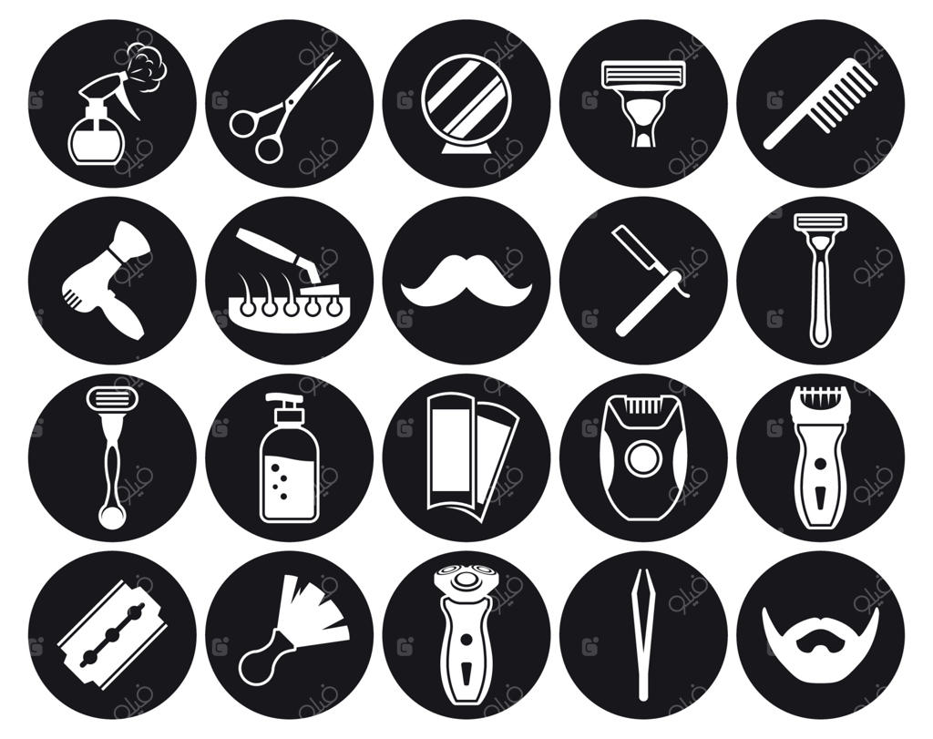 ست آیکون‌های آرایشگری، سفید روی زمینه سیاه