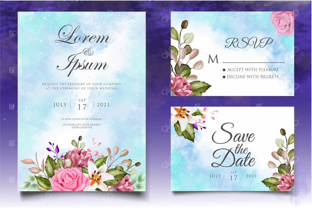 پترن کارت دعوت عروسی با طراحی گل‌ها و برگ‌های آبرنگی