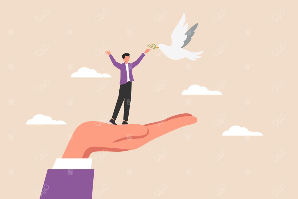 تصویرسازی وکتور تخت و رنگی پسر بچه شاد در حال دریافت برگ صلح از کبوتر سفید؛ مفهوم روز صلح