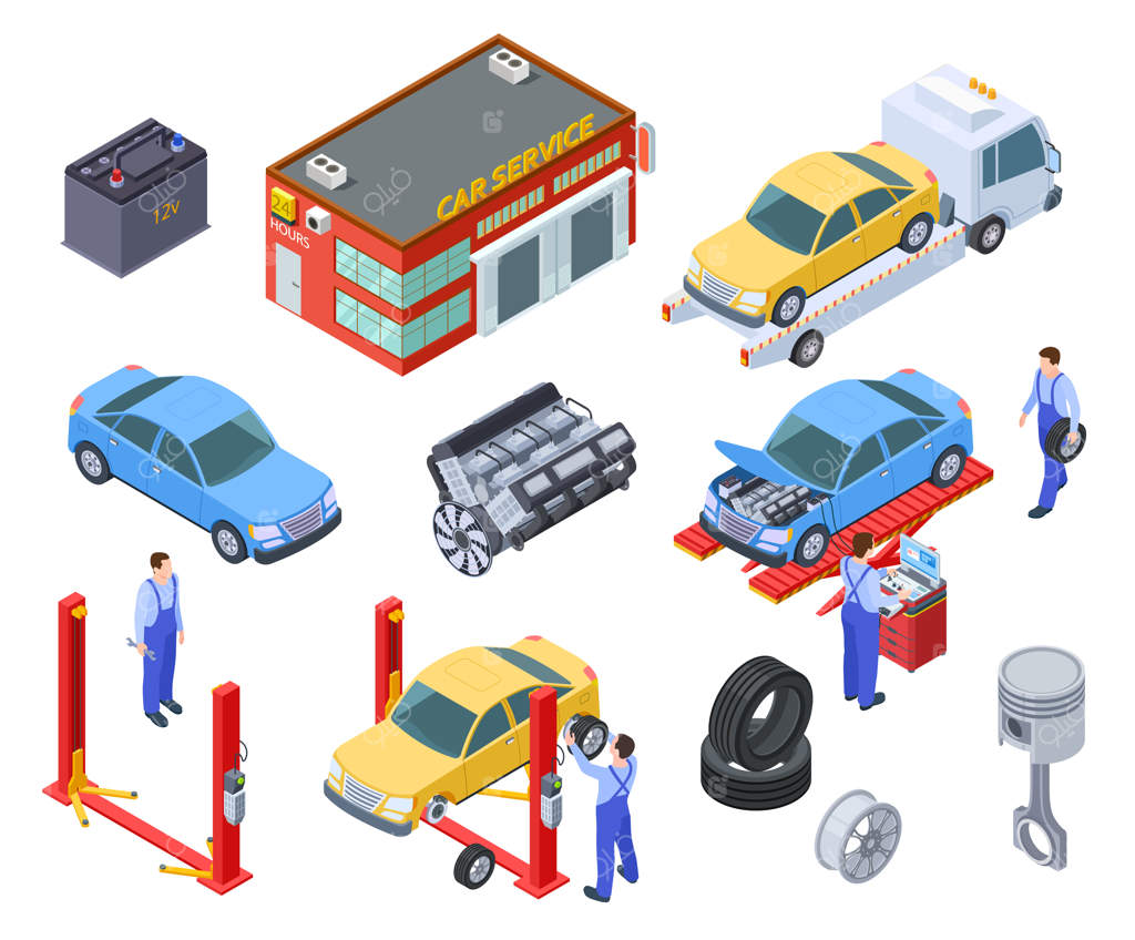 سرویس خودرو ایزومتریک: تعمیر خودرو با تجهیزات صنعتی. تعویض قطعات توسط تکنسین‌ها در تعمیرگاه.