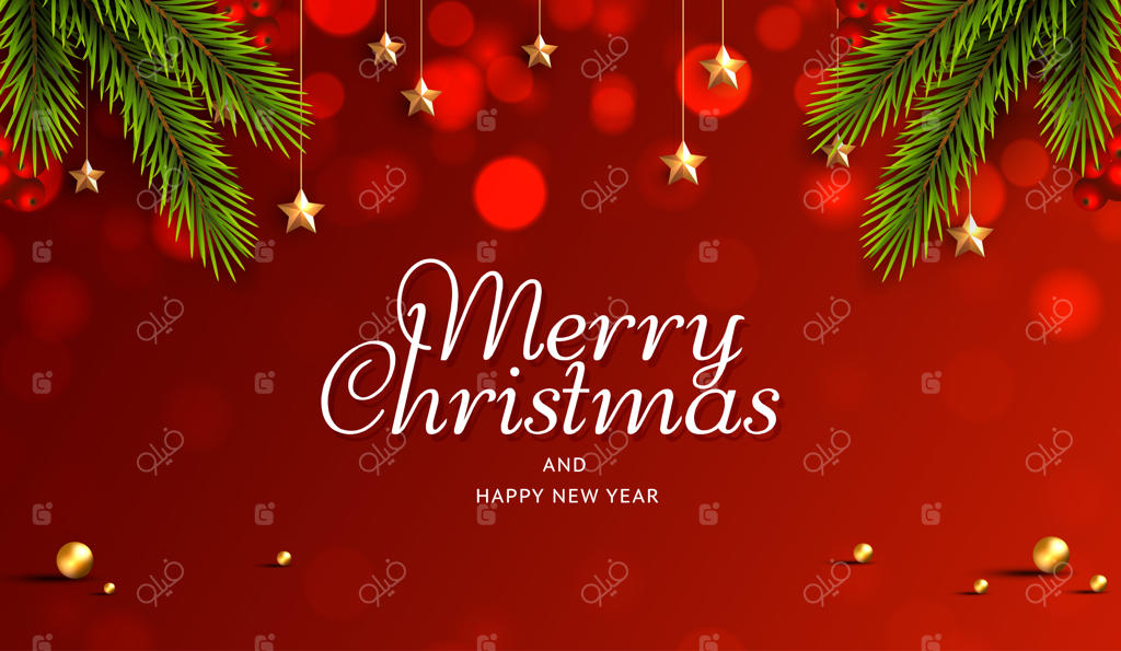 بنر کریسمس و سال نو مبارک با چراغ‌های درخشان، تاج گل نورانی، درخت کریسمس و ستاره طلایی