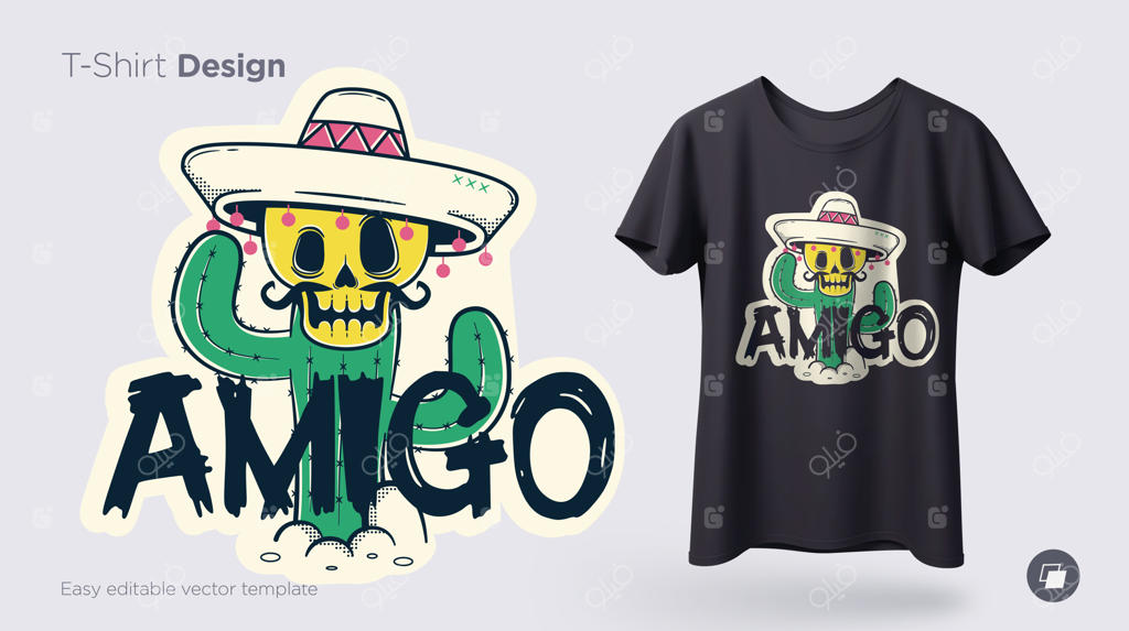 چاپ تصویر بامزه اسکلت روی تی‌شرت، سویشرت و سوغاتی با کلمه اسپانیایی "دوست"