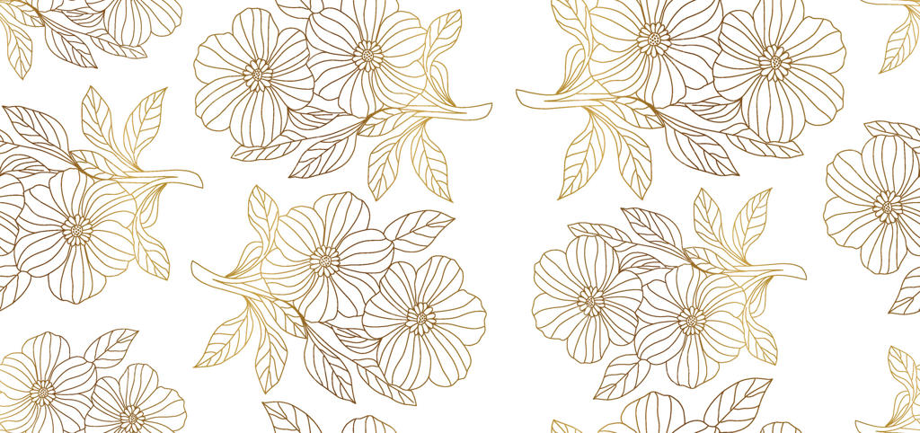 گل‌های طلایی در طراحی خطی بر روی زمینه سفید. طراحی کاغذ دیواری لوکس آرت دکو برای چاپ، پوستر، جلد، بنر، پارچه، دعوت‌نامه.