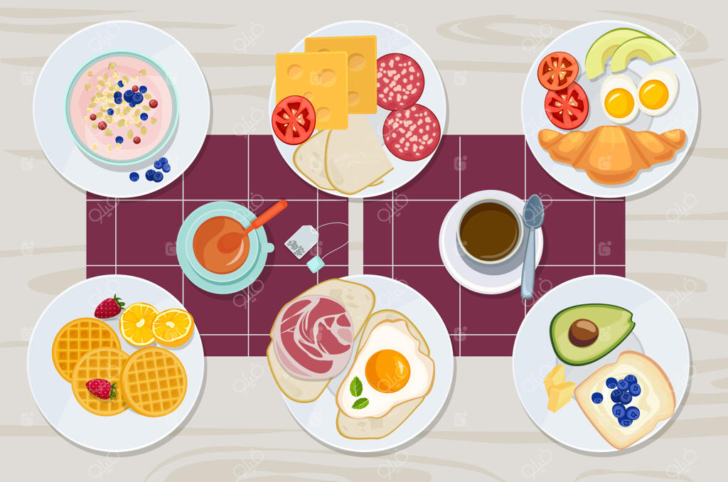 صبحانه سالم: منوی روزانه شامل پنیر، بیسکوییت، شیر، آب‌میوه، تخم‌مرغ، کره و نان. مجموعه محصولات کارتونی برای صبحانه: ساندویچ صبحانه، پنیر و کره، نان و وعده غذایی.