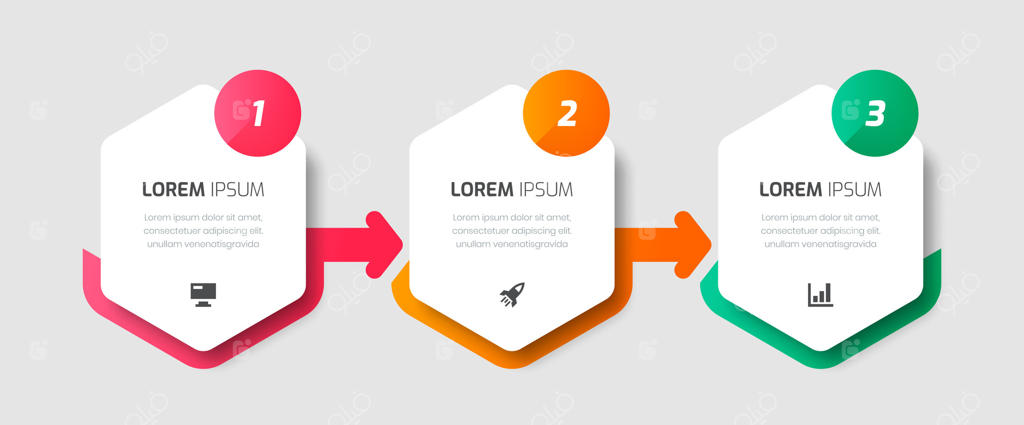 ایجاد اینفوگرافیک کسب‌وکار با استفاده از برچسب شش‌ضلعی، فلش‌ها، آیکون و سه عدد برای ارائه و جریان کاری