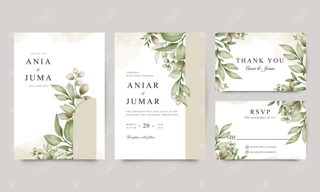 مجموعه قالب دعوتنامه عروسی با طراحی برگ سبز