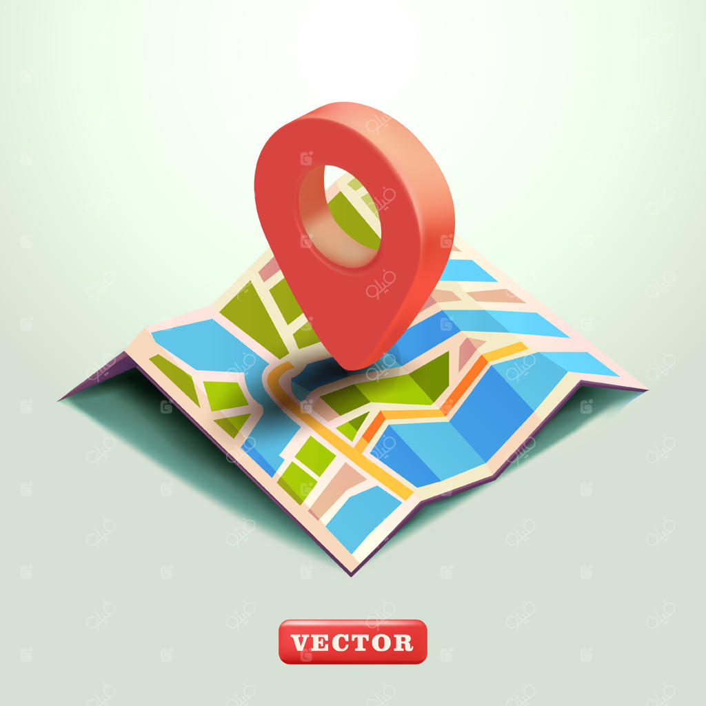 نقشه با عناصر موقعیت‌یابی، وکتور سه‌بعدی. مناسب برای وب‌سایت‌ها، کسب‌وکار و تجارت الکترونیک