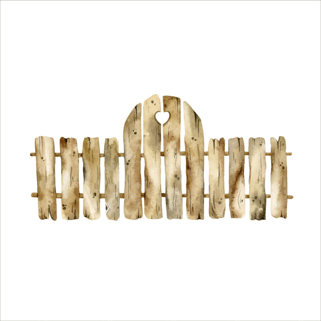 تصویر آبرنگی و دستی از حصار چوبی قدیمی باغ با دروازه