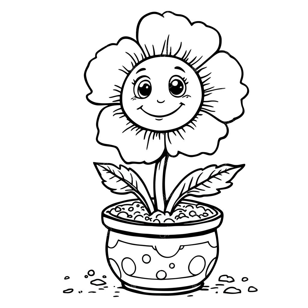 گل کارتونی شاد در گلدان با چهره لبخند برای صفحه رنگ آمیزی کودکان