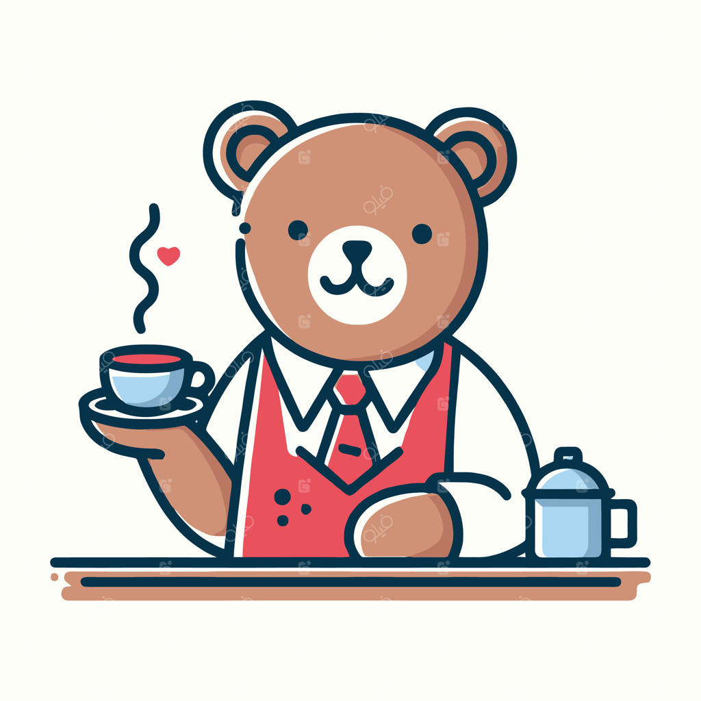 تصویرسازی نماد بارستا خرس دنج با فنجان نوشیدنی داغ و یونیفرم کافه برای برندینگ قهوه‌فروشی و مهمان‌نوازی