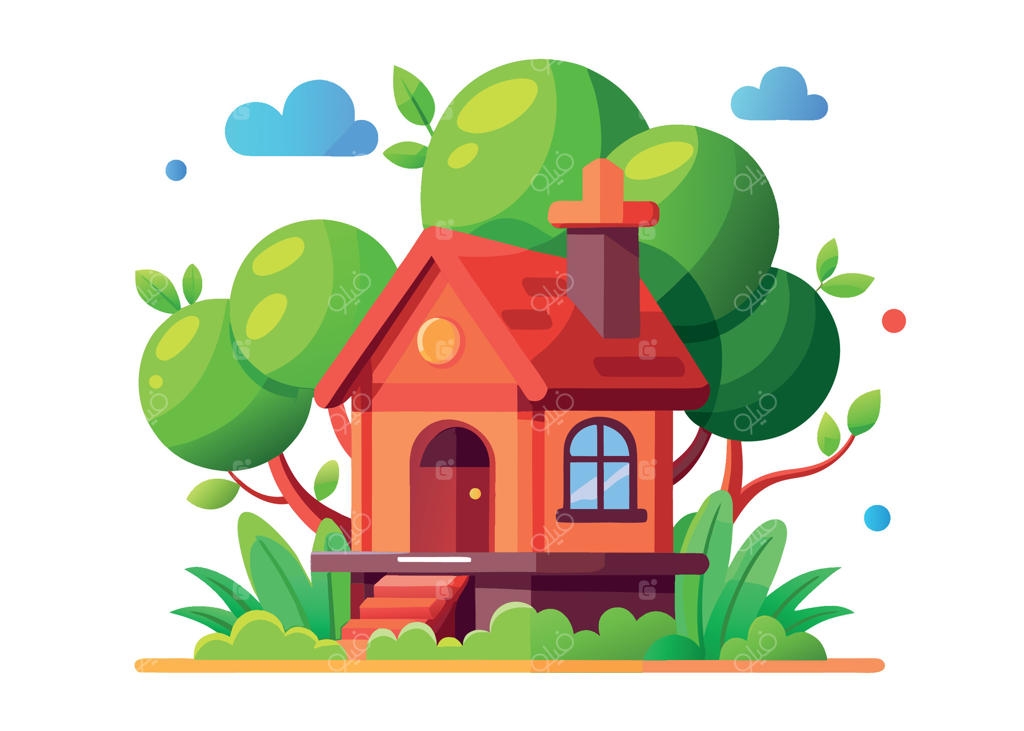 خانه دنج در میان درختان سرسبز و انبوه با فضایی آرام و دلنشین در پس‌زمینه سفید