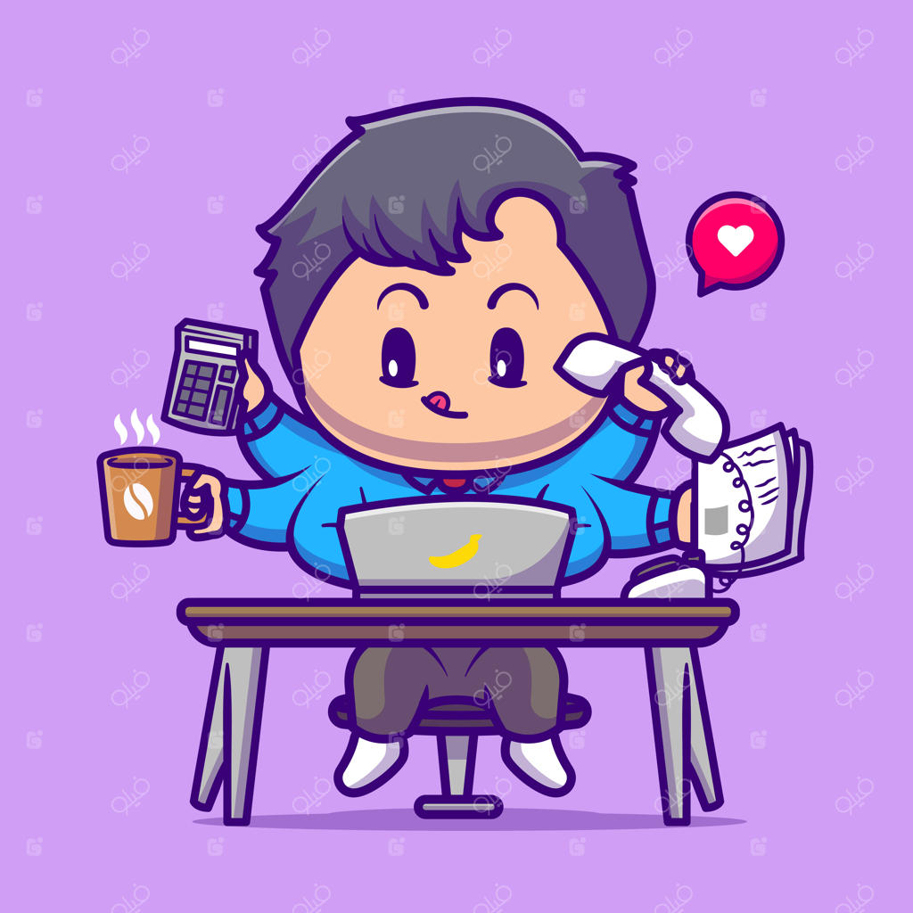 آیکون وکتور پسری بامزه در حال چند وظیفگی. مفهوم آیکون تکنولوژی و مردم. وکتور پرمیوم ایزوله شده به سبک فلت کارتون.