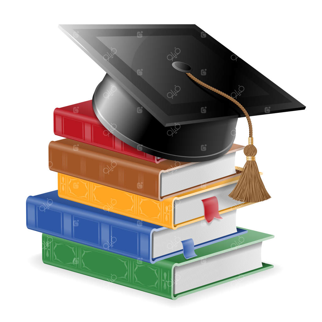 مفهوم آموزش و یادگیری: انبوهی از کتاب‌های رنگی با نشانک‌ها و کلاه فارغ‌التحصیلی مربع شکل