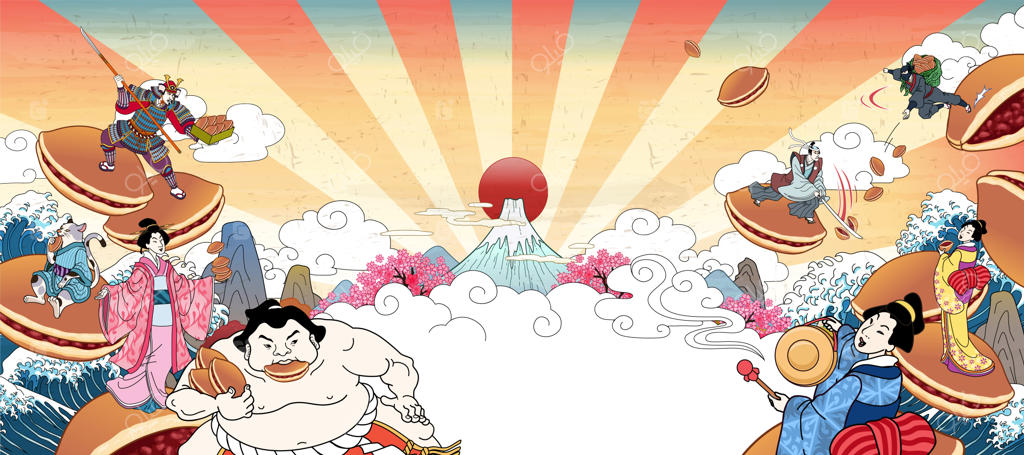 مردمان باستان در حال لذت بردن از درایاکی ژاپنی به سبک اوکی‌یوئه بر روی زمینه‌ای با نوارهای نوستالژیک