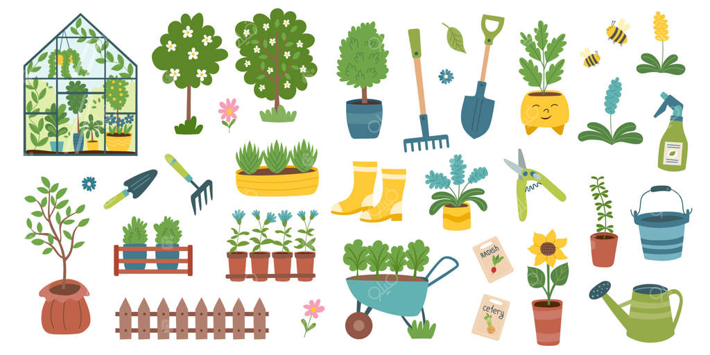 کلیپ‌آرت‌های مفاهیم کشاورزی و باغبانی در پس‌زمینه سفید - عناصر باغداری و تجهیزات باغچه‌داری.