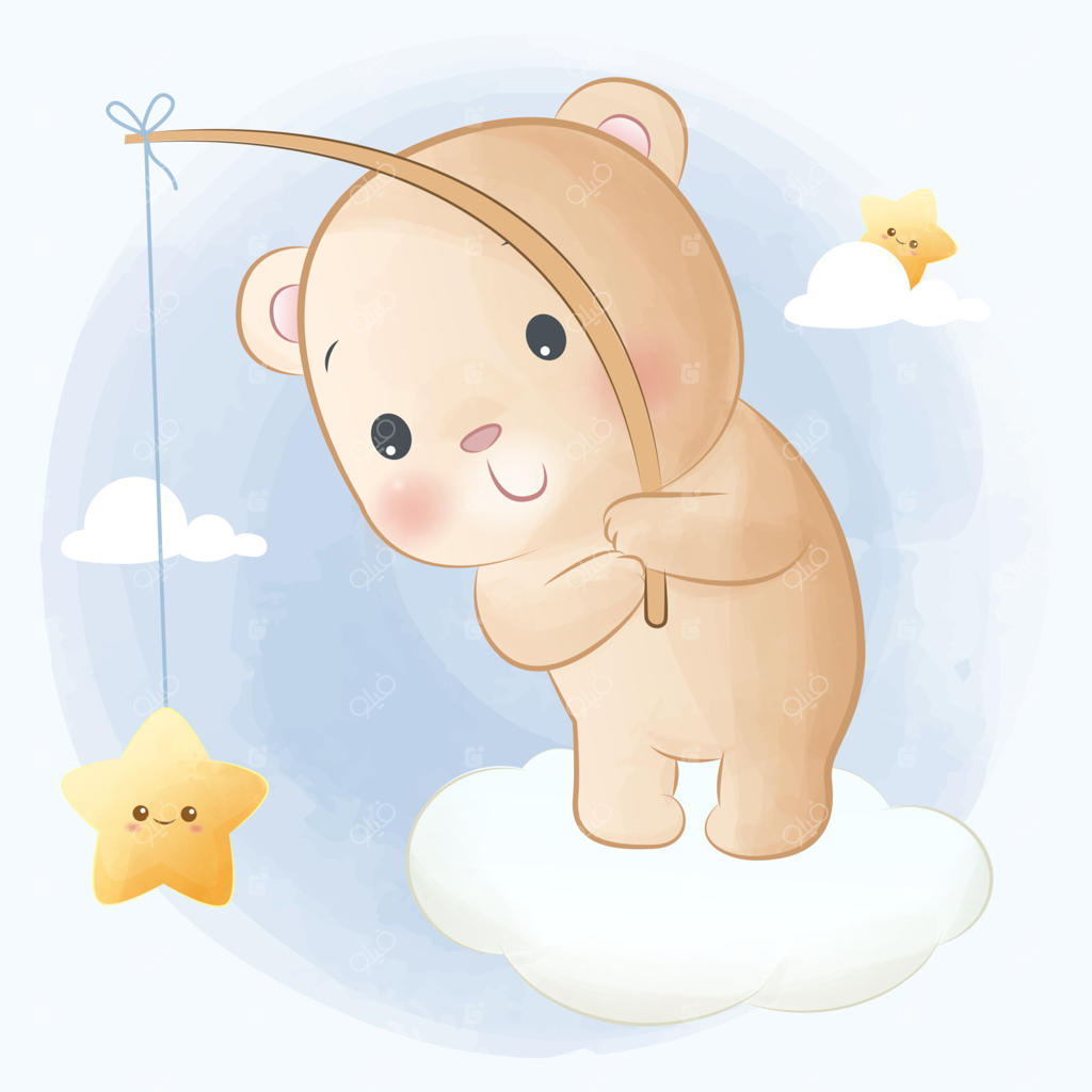 خرس کوچولوی بامزه نشسته روی ابر در حال گرفتن ستاره