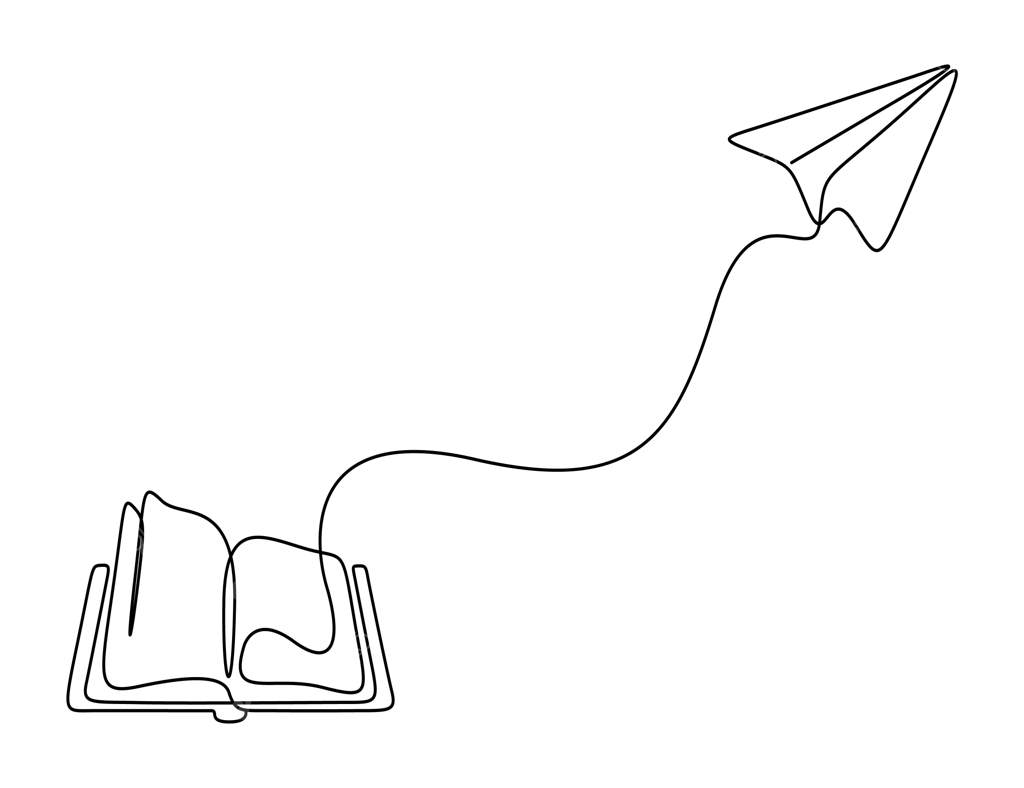 طرح خطی پیوسته کتاب و هواپیمای کاغذی در حال پرواز - تصویر وکتور