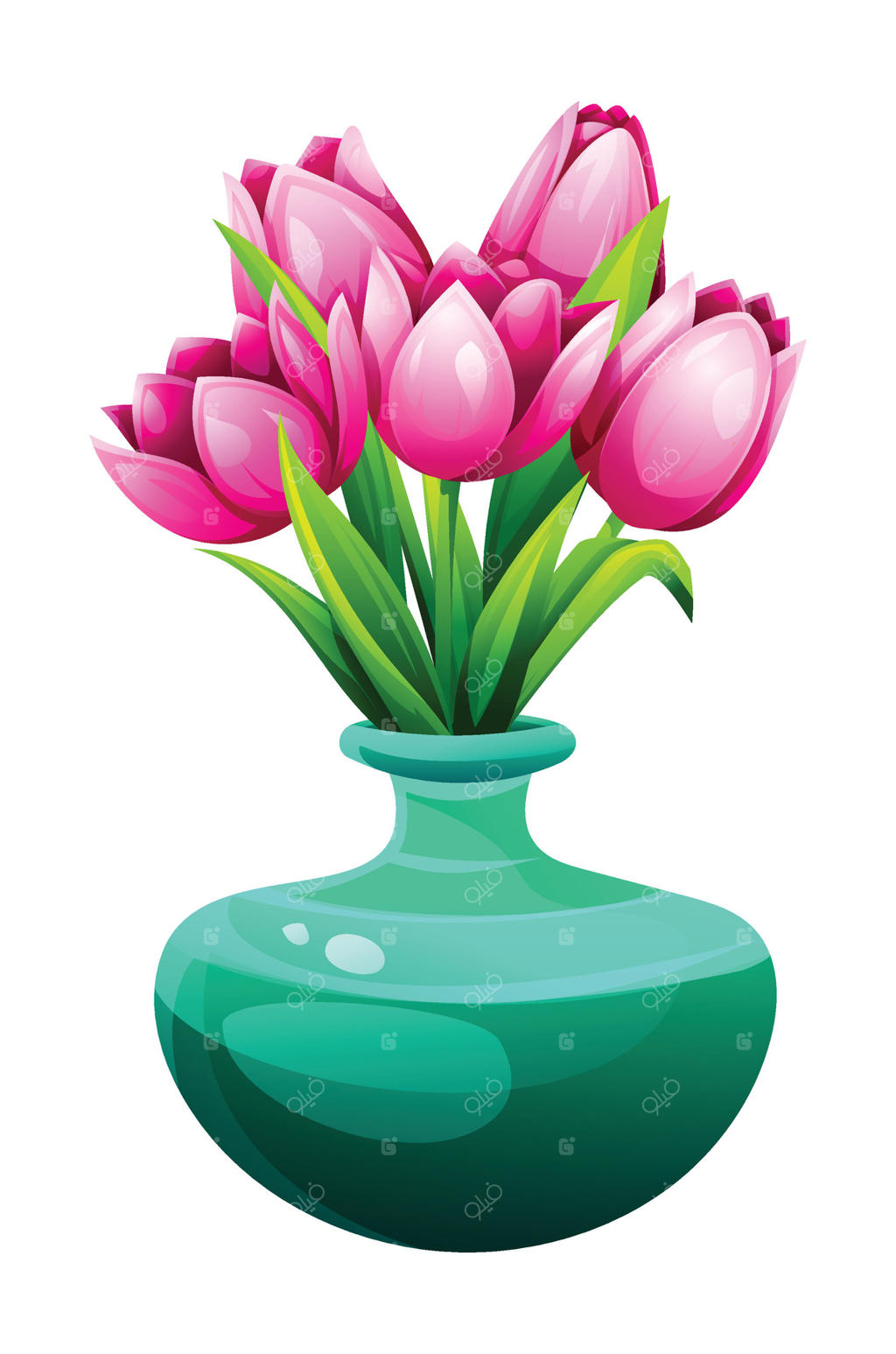 تولیب‌های صورتی شکوفا با برگ‌ها در گلدان فیروزه‌ای. تصویر کارتونی