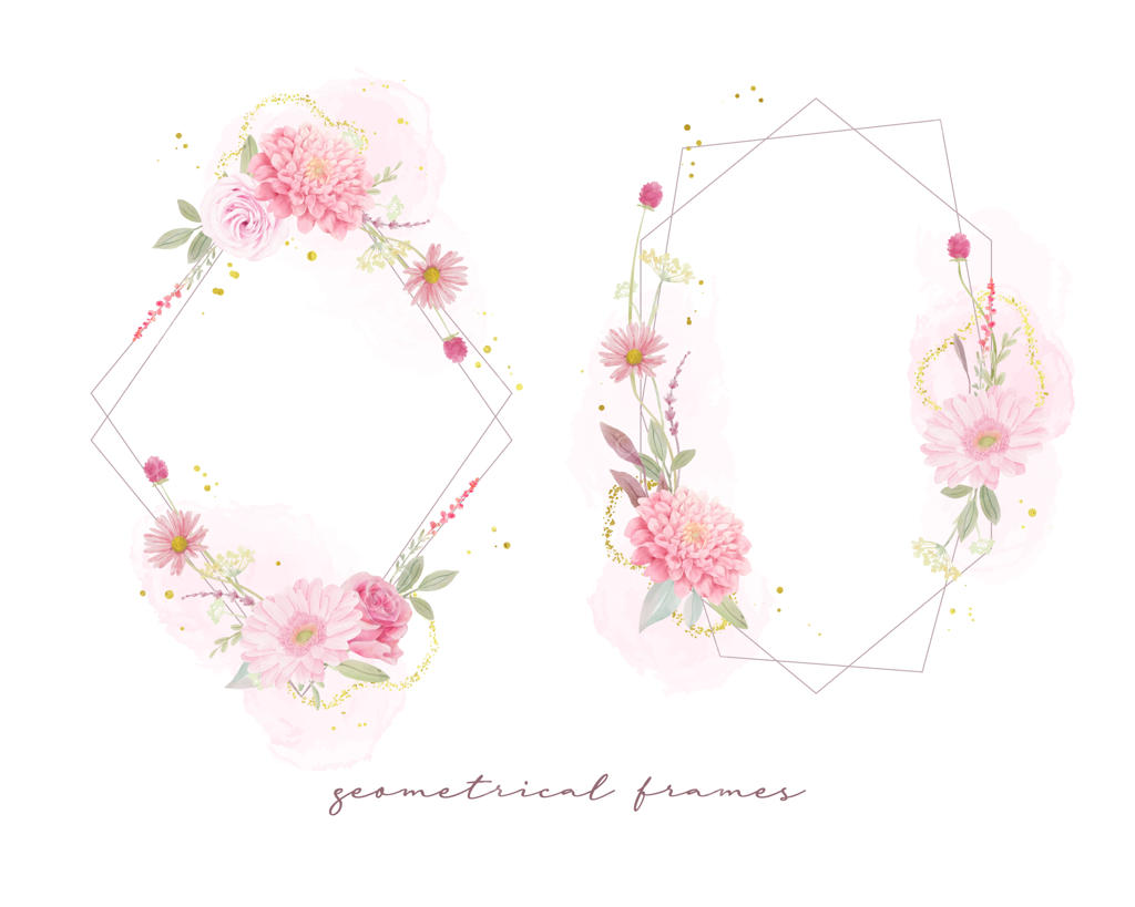 قاب زیبای گل‌ها با گل‌های رز، داهلیا و ژربرا آبرنگی