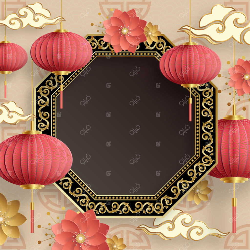 قاب چینی با عناصر شرقی در زمینه رنگی، مناسب برای کارت دعوت عروسی، سال نو مبارک، تولدت مبارک، روز ولنتاین، کارت‌های تبریک، پوستر یا بنر وب