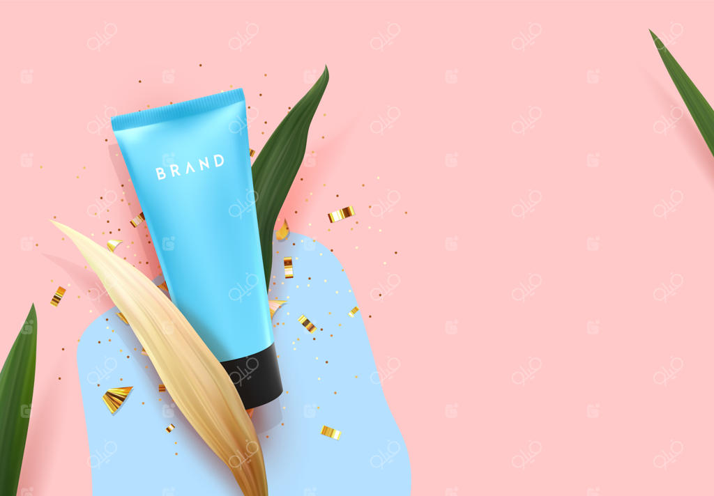 کرم آرایشی در تیوپ آبی با گیاهان گرمسیری، برگ‌های طبیعی سه‌بعدی و واقعی - ترکیبی از برگ‌های خشک و تازه. برند لوازم آرایشی. بنر تبلیغاتی، پوستر حراج. نمای بالای مسطح. تصویر برداری.