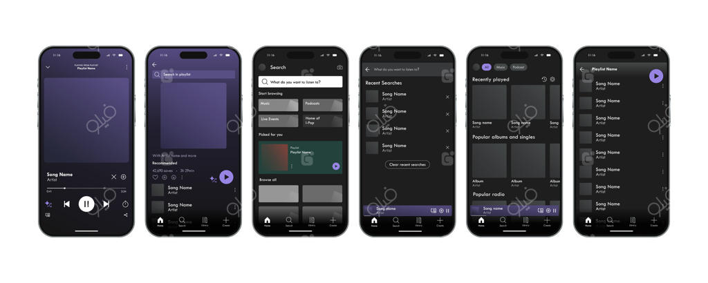 رابط کاربری مدرن اپلیکیشن موسیقی، الگوی خالی. تصویرسازی رابط کاربری پلتفرم استریمینگ