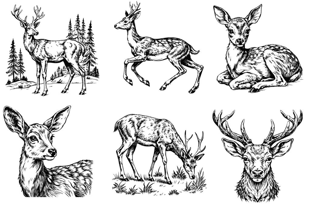 طرح مجموعه‌ای از گوزن‌ها روی زمینه سفید