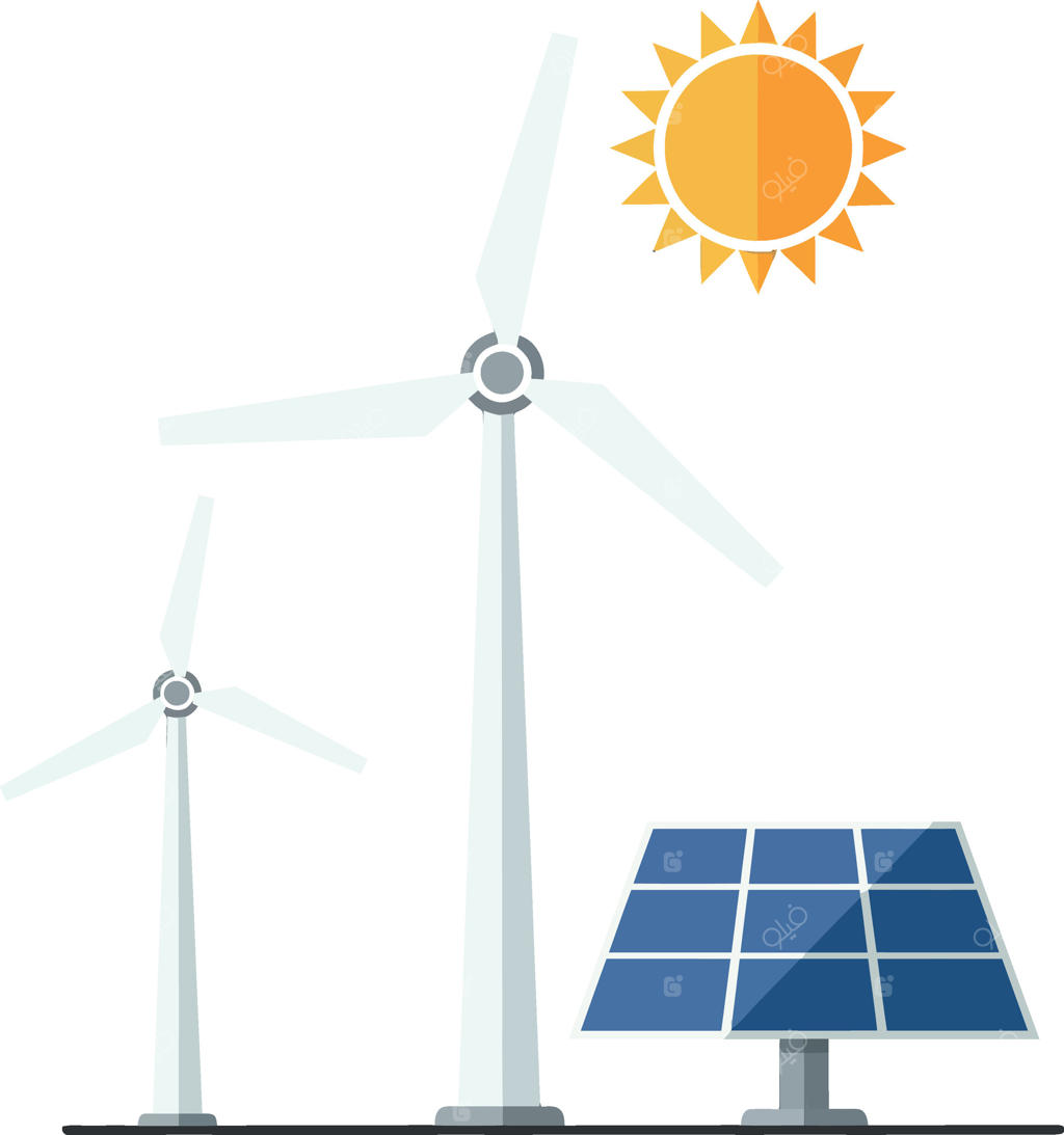 صحنه‌ای از انرژی‌های تجدیدپذیر با توربین‌های بادی و پنل‌های خورشیدی به سبک طراحی تخت، نمایش‌دهنده فناوری‌های دوستدار محیط‌زیست در هنر