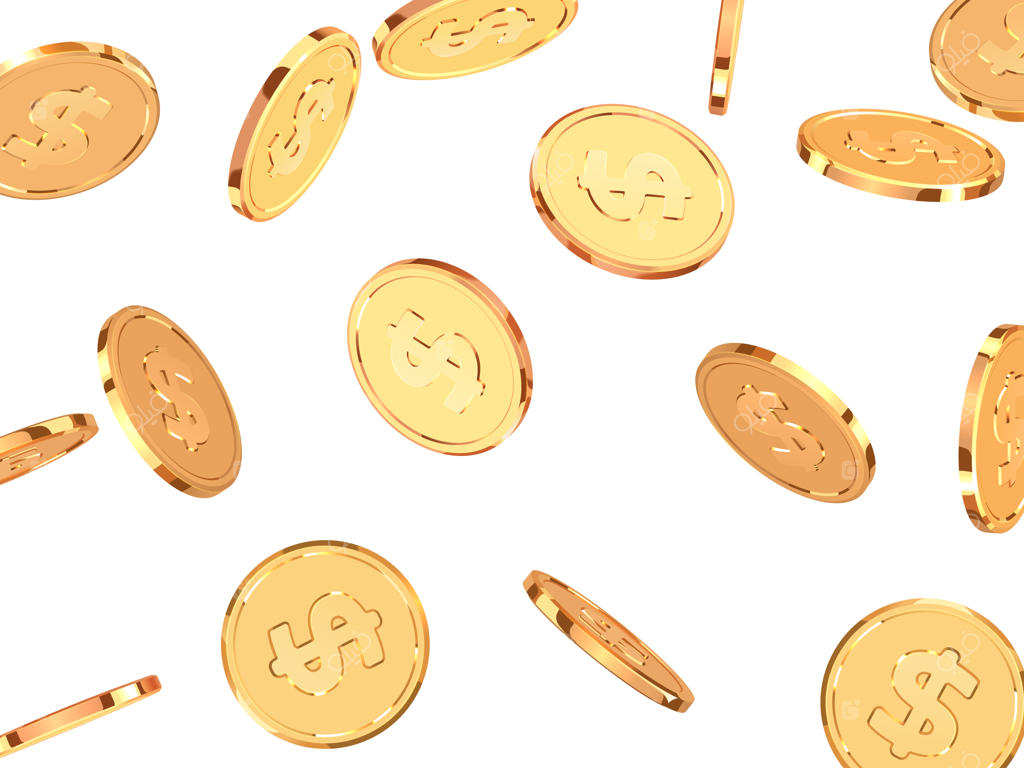 سکه‌های طلایی: طراحی واقع‌گرایانه سه‌بعدی سکه‌های طلا بر روی زمینه‌ای سفید. سکه‌ی دلاری. تصویرسازی برداری.