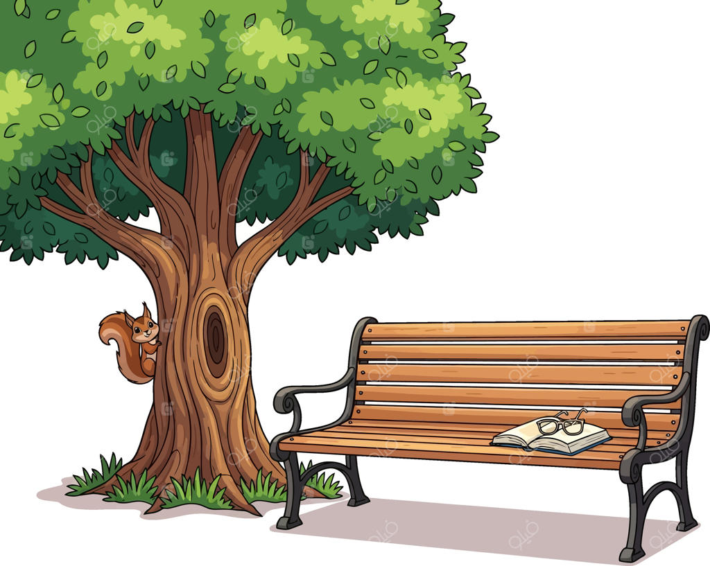 صحنه آرام پارکی کارتونی با نیمکت چوبی زیر درختی پر برگ، یک سنجاب کنجکاو و کتابی باز با عینک جا مانده.