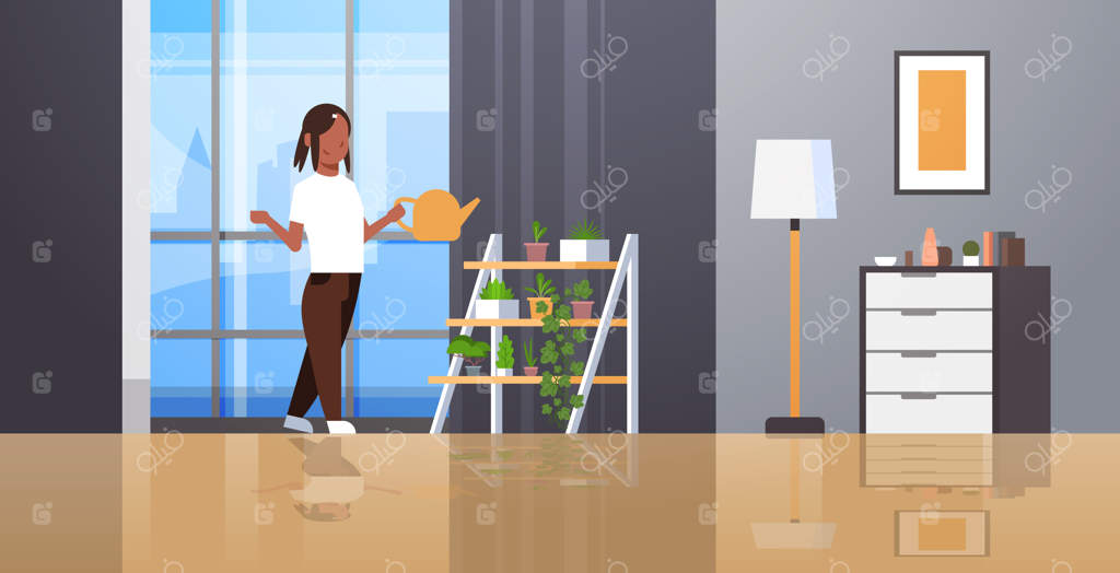 خانه‌دار در حال آبیاری گیاهان گلدانی بر روی قفسه - زنی با آب‌پاش در دست - دختری مشغول انجام کارهای خانه در اتاق نشیمن مدرن - شخصیت کارتونی زن به صورت تمام‌قد افقی