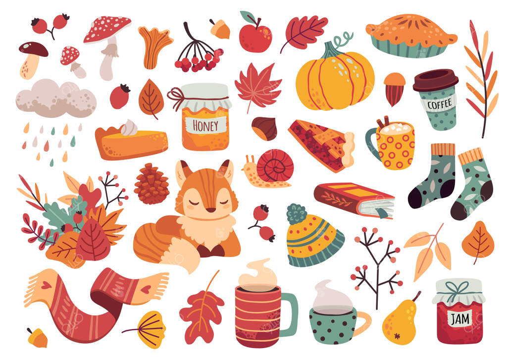 برچسب‌های عناصر پاییزی: آیکون‌های گرم و نرم پاییز با کلاه روباه، شال گردن، جوراب، قارچ و برگ، مربا، قهوه و پای کدو تنبل - مجموعه وکتور