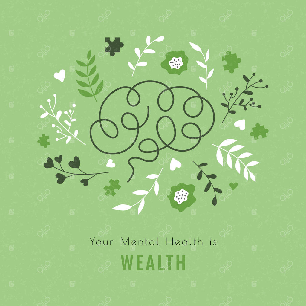 سلامت روانی شما گنجینه‌ای ارزشمند است. کارت با طراحی مدرن و سبک ساده. مغز انسان و برگ‌ها. تصویرسازی با فضای خالی برای بنر، پوستر و اطلاعات.