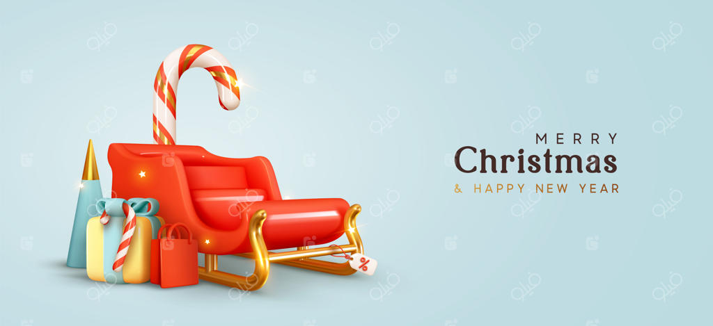 سورتمه قرمز کریسمس با جعبه‌های هدیه: طراحی سه‌بعدی واقع‌گرایانه، جعبه سورپرایز، آب‌نبات‌های عصایی. برچسب فروش ویژه کریسمس. پس‌زمینه‌ای شاد برای کریسمس و سال نو همراه با عناصر تزئینی.